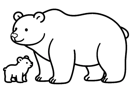 Uma ursa adulta está ao lado do seu filhote.