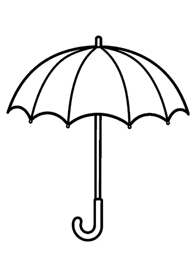Um guarda-chuva grande e aberto tem uma taça larga e um cabo curvo.