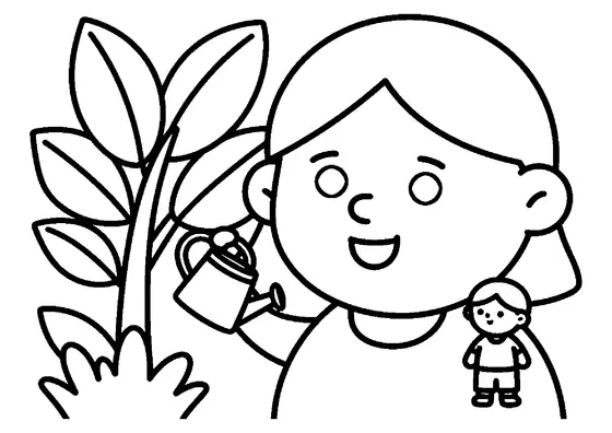 Pai e filho estão perto de uma grande planta e de um regador.