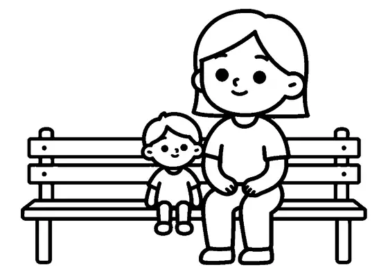 Uma mulher e o filho estão sentados calmamente um ao lado do outro num banco.