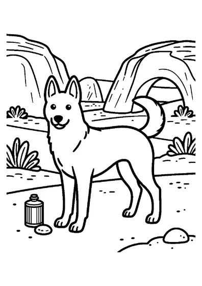Dingo australijski przy skale i oazie na piaszczystej pustyni.