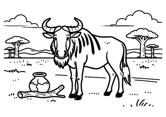 Antylopa gnu pręgowana na tle sawanny z drzewami.