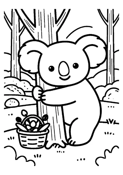 Ein bärenähnlicher Koala umklammert im australischen Busch den Stamm eines Eukalyptusbaums.
