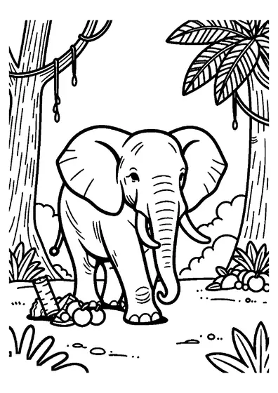 Un elefante africano di foresta dalle lunghe zanne avanza tra la fitta vegetazione e le liane della giungla.