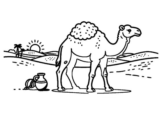A two-humped camel walking along the edge of a sandy dune in a hot desert.