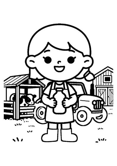 A girl in an apron holding a bottle of milk for calves beside a small tractor and farm pen.