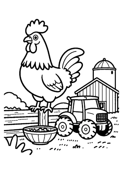 A proud rooster perched on a wooden fence, with a red tractor parked behind it in the farmyard.