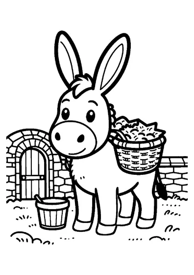 Un burro de orejas largas lleva cestas llenas de heno por un camino junto a un granero de madera.
