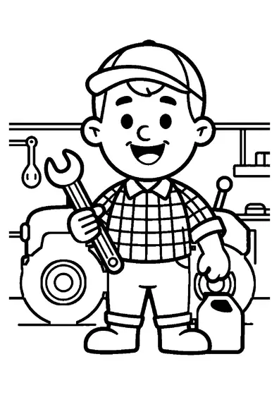 Un granjero sonriente con gorra utiliza una llave para reparar la rueda de un tractor grande.