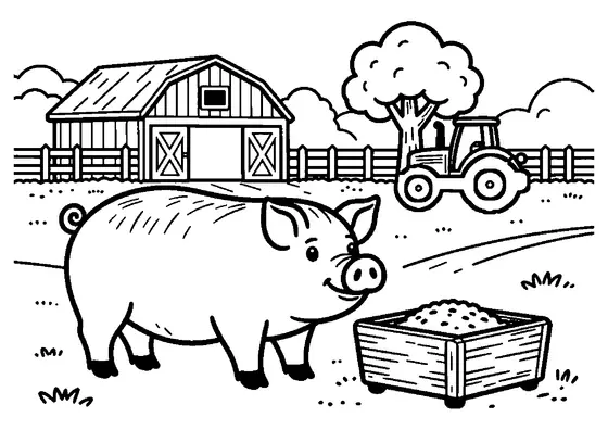 A pink pig standing by a feeding trough beside a wooden pigsty and a green tractor in the farmyard.
