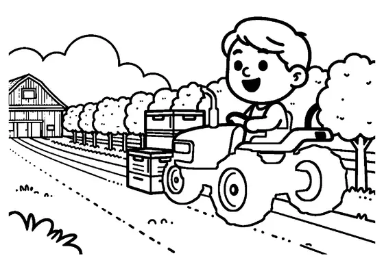 A narrow orchard tractor with a raised fruit-picking platform between neat rows of trees.