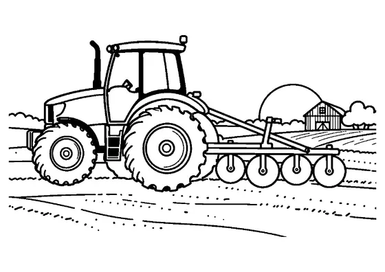 A powerful tractor pulling a disc harrow across the soil at sunset, with a rural landscape in the background.