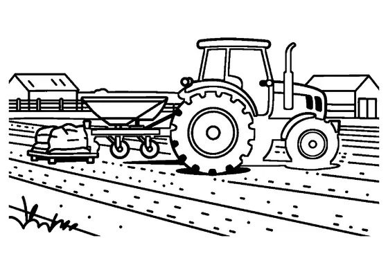 Un tractor agrícola arrastra una sembradora por surcos uniformes en un campo recién labrado.