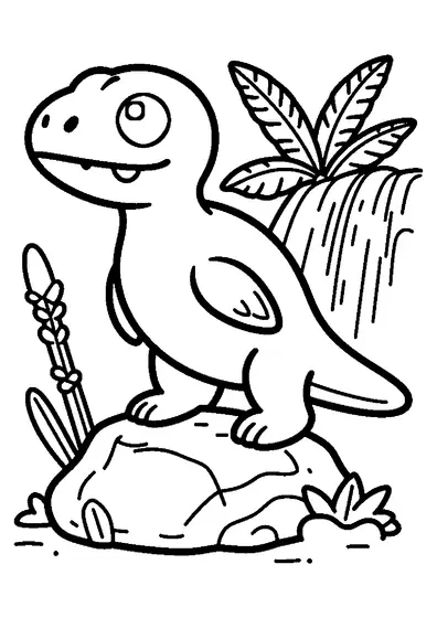Ein kleiner Dimorphodon mit langem Schwanz sitzt auf einem Stein in einem Farnwald.