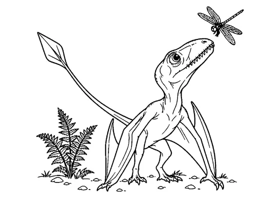 Dimorphodon standing with its head tilted toward a dragonfly above its nose, with a long tail and a fern nearby.