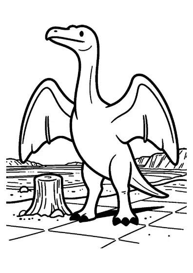 A Dsungaripterus stands on a bright coastal salt flat beside a dried tree trunk.