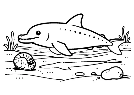 Un ihtiozaur asemănător unui delfin înoată deasupra unor cochilii uriașe răspândite pe fundul nisipos al oceanului.
