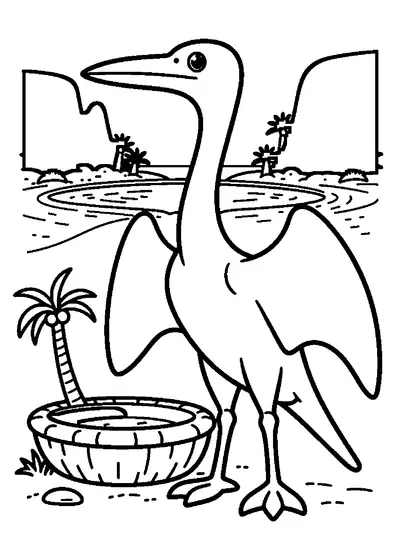 Un immense Quetzalcoatlus se tient près d’une oasis entourée de rochers et de terre craquelée.