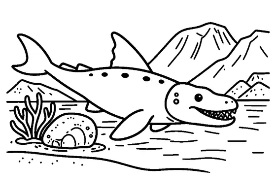 Großer Mosasaurier, der an einer felsigen Bergkette unter Wasser entlangschwimmt.
