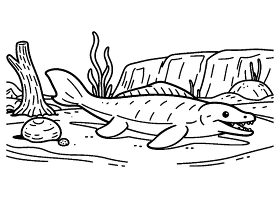 Un Mosasaurus uriaș înoată aproape de fundul oceanului, lângă un trunchi de copac fosilizat, într-o planșă de colorat imprimabilă.