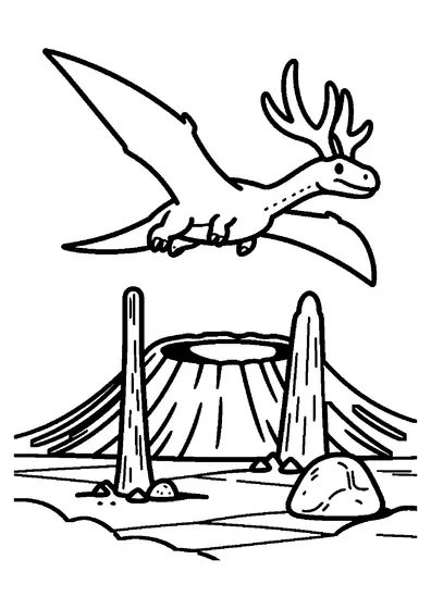 Um Nyctosaurus com uma enorme crista óssea voa sobre um lago de cratera.