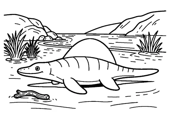 A plesiosaurus swims above wide underwater meadows of seagrass.