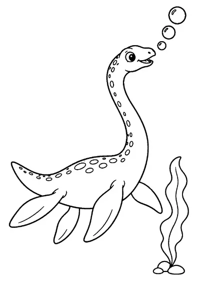 Friendly Plesiosaurus swimming with four visible flippers and three bubbles beside seaweed and two stones.