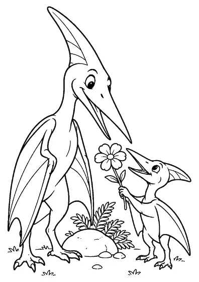 Large pterosaur lowering its long beak toward a youngster holding a flower, with a rock, ferns, pebbles, and grass.