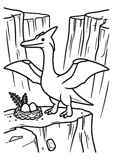 Pteranodon am Rand einer Klippe neben einem steinernen Nest mit Dinosauriereiern.