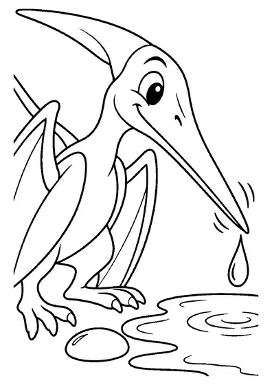 A cartoon Pteranodon with a backward crest shakes a water drop from its long beak over a puddle beside a pebble.