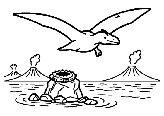 Un pteranodon vuela con las alas extendidas sobre un grupo de islas volcánicas.