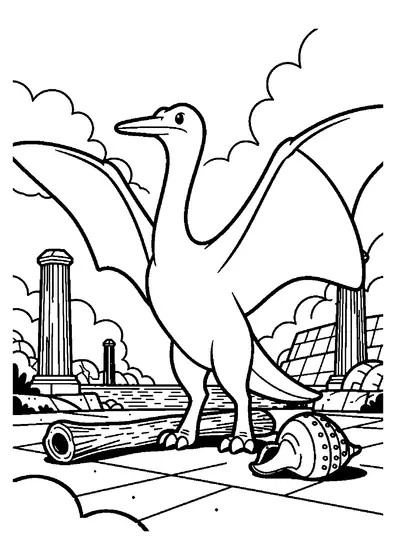 A pterodactyl stands with its wings spread among tall basalt columns.