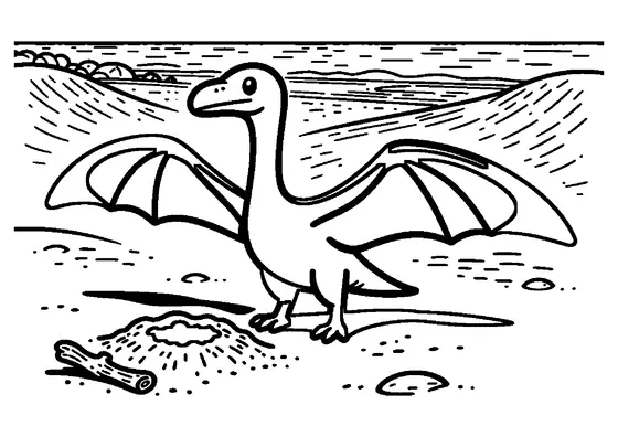 Un ptérodactyle déploie ses ailes sur une dune de sable, à côté d’un nid.