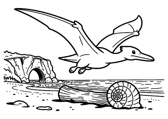 A pterodactyl soars above a natural rock arch and a stony coastline.