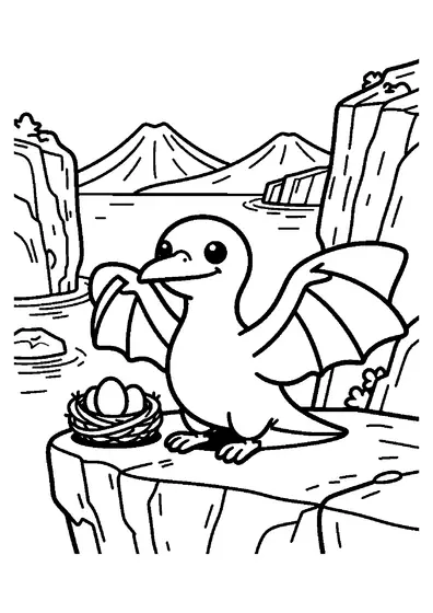 Pterodactil zâmbitor pe o stâncă de coastă, lângă un pește și un cuib cu ouă.