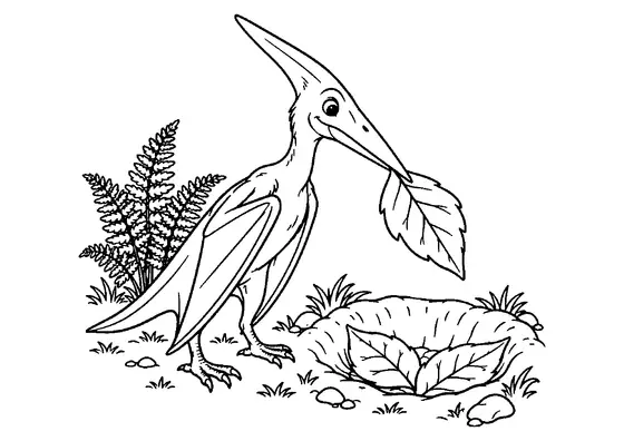 Pterodactylus carrying a broad leaf in its beak toward a shallow hollow lined with leaves beside a low fern.