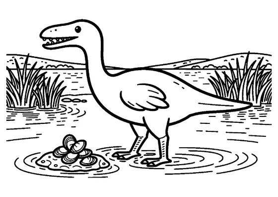 Un Pterodaustro con pico curvado hacia arriba vadea por aguas poco profundas junto a cañas altas.