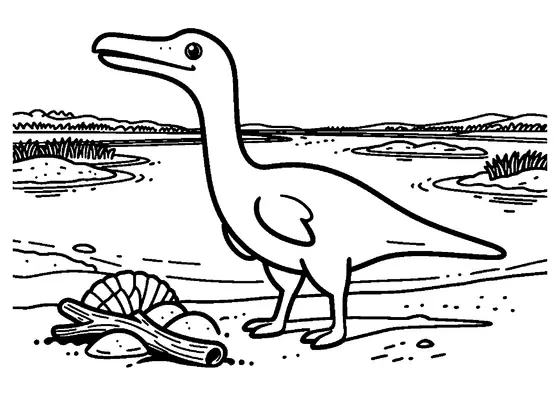 Un Pterodaustro marche dans une étendue de sel, près d’un banc de coquillages et de mares peu profondes.