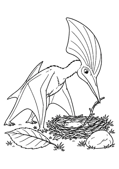 Tapejara with a tall head crest bending over a ground nest to place a curved twig beside a leaf and stone.