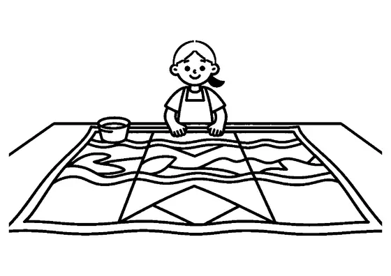 A fabric dyer spreads out a large cloth decorated with wavy bands, leaves, and broad geometric sections.