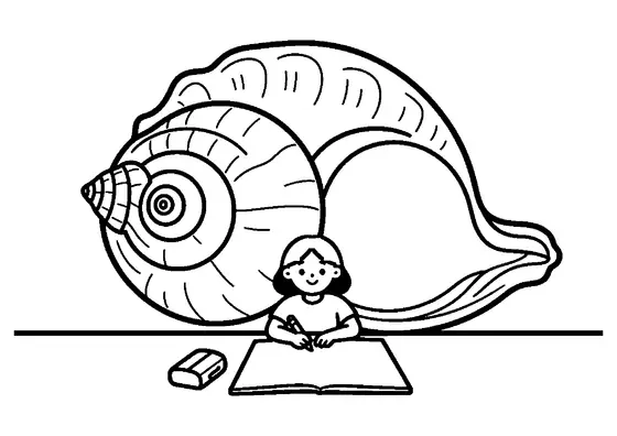 A scientific illustrator works beside a large spiral shell model divided into clearly defined ornamental sections.