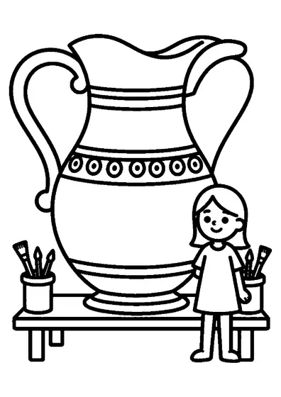 A metal conservator works on a large pitcher decorated with palmettes, spirals, and broad bands.