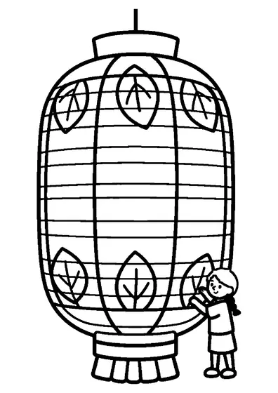 A lantern maker works on a tall paper lantern decorated with leaves, petals, and arched panels.