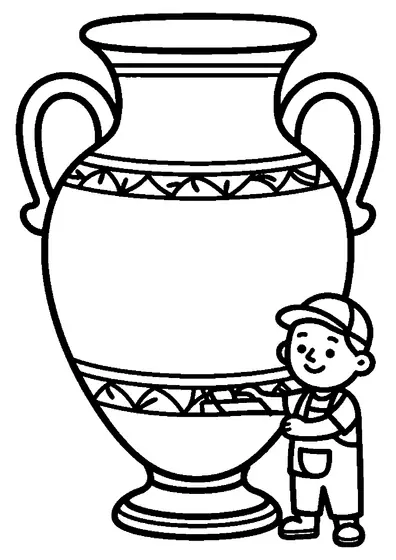 A museum mount maker positions a large amphora decorated with palmettes and geometric bands on a simple support.