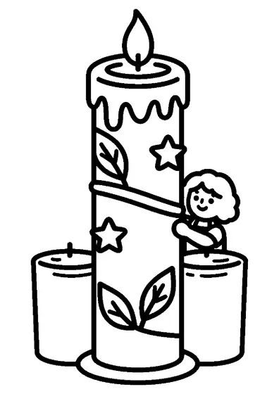 A candle maker works on a large pillar candle decorated with leaves, stars, and flowing bands.