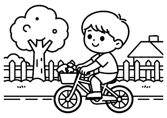 Un niño montando en bicicleta con una cesta llena de rebozuelos junto a una valla en el campo.