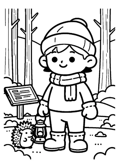 Un niño con gorro de orejeras junto a setas de erizo en un sendero del bosque.