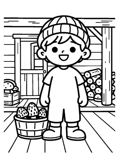 Ein lächelnder Junge mit einem Korb voller Morcheln auf der Holzveranda einer Berghütte.