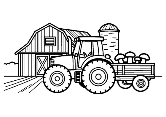 Un tractor junto a un granero rural y un silo, tirando de un remolque lleno de boletus recién recolectados.