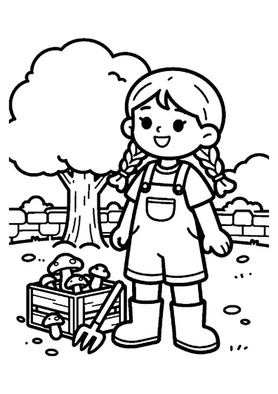 O fată zâmbitoare în salopetă ține o ladă din lemn cu ciuperci pălăria-șarpelui, sub un măr din livadă.